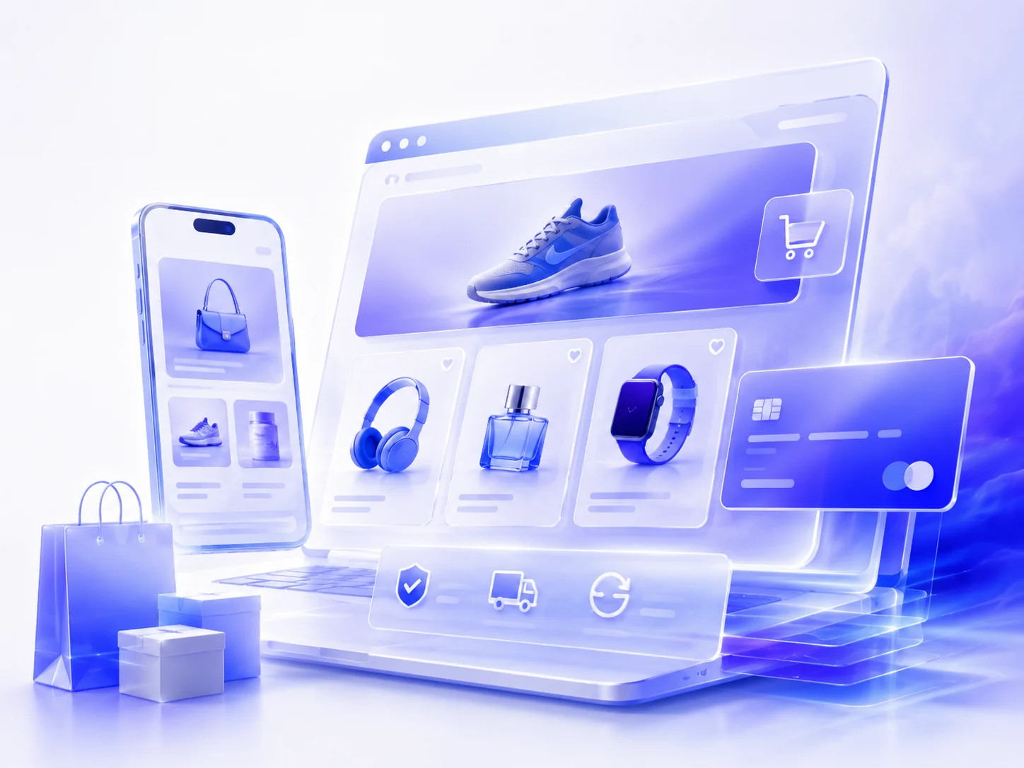 Escena 3D de comercio electrónico con tienda online, productos, carrito, pagos y compra móvil